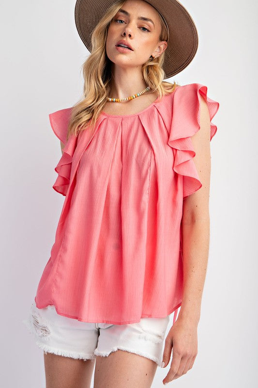 2501-039 Ruffle Cap Wing Sleeve Top