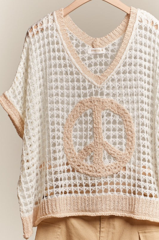 101689 Peace Patch V Neck Crochet Knit Top-Peach