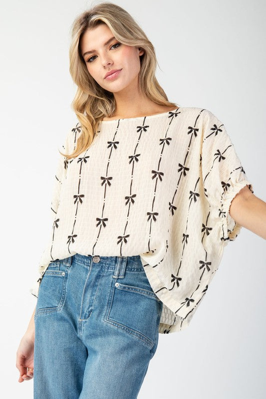 102306 Bow Printed Short Sleeve Top