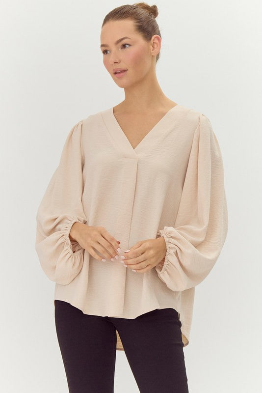 102040 Long Draped Sleeves Top - Oatmeal