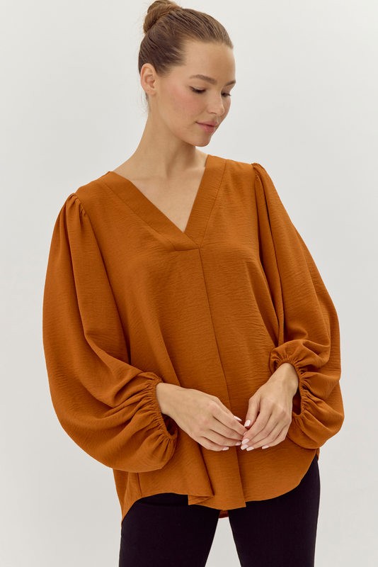 102042 Long Draped Sleeves Top - Toffee