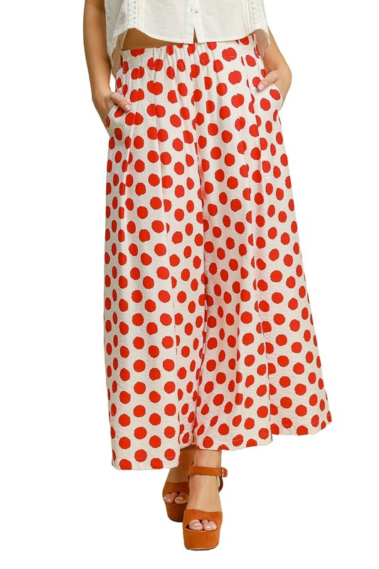 Red Polka Dot Print Wide Leg Pants