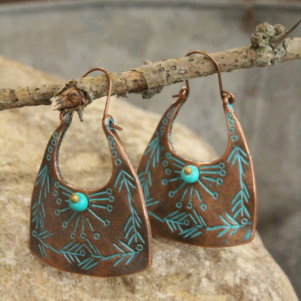 101808 Verdigris Gypsy Etched Tribal Dangle Earrings