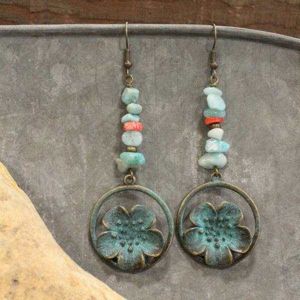 101817 Patina Flowers With Stone Accent Earrings