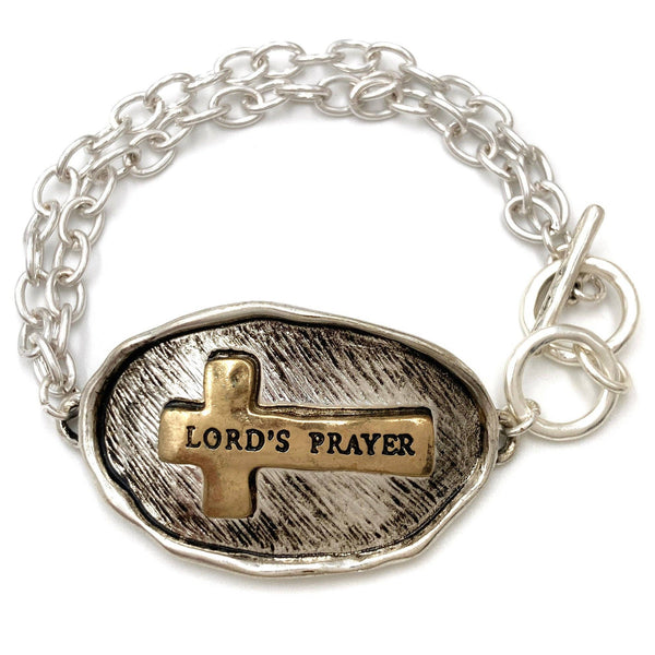 2501-209 Bible Prayer Lord's Prayer Cross Chain Toggle Clasp Bracelet: Silver