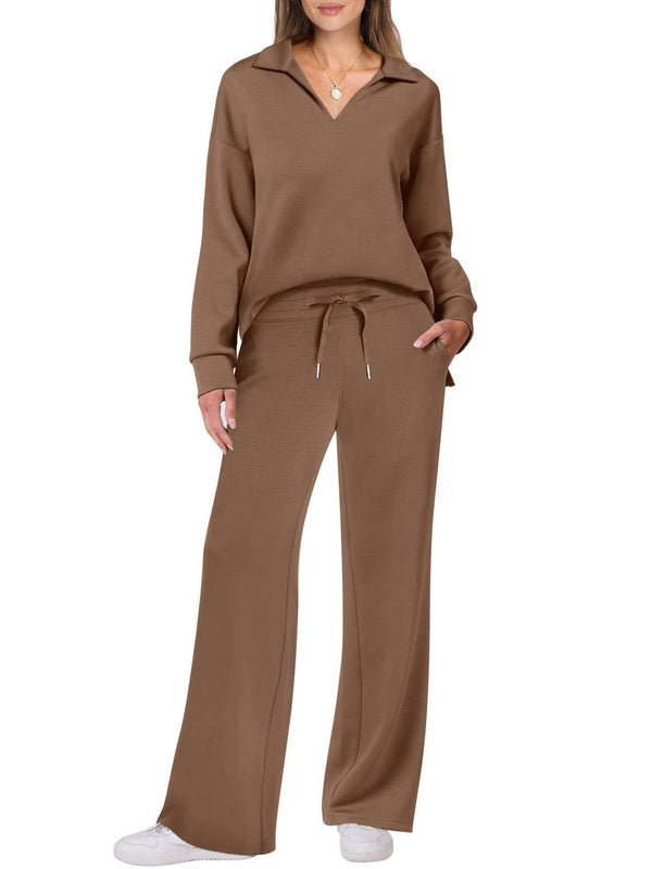 2501-030  V-Neck Hoodie Wide Leg Pants Set