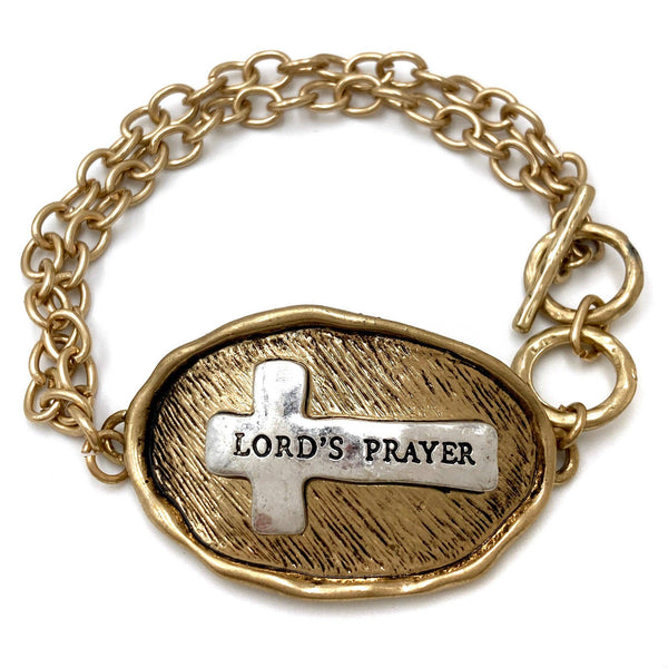 2501-210 Bible Prayer Lord's Prayer Cross Chain Toggle Clasp Bracelet: Gold