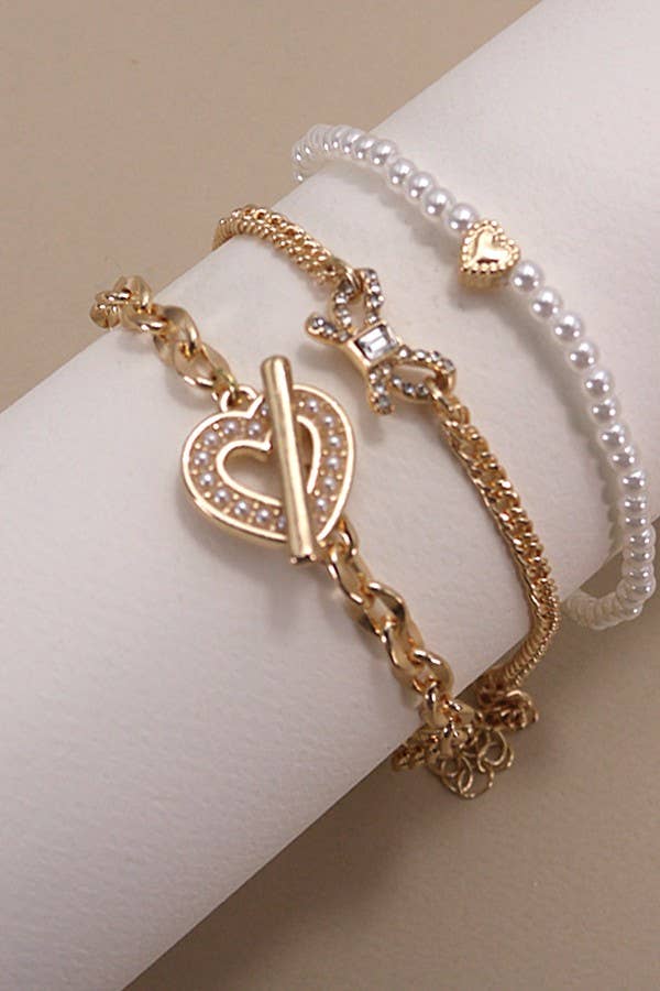 Bow Heart Pearl Bracelet Set