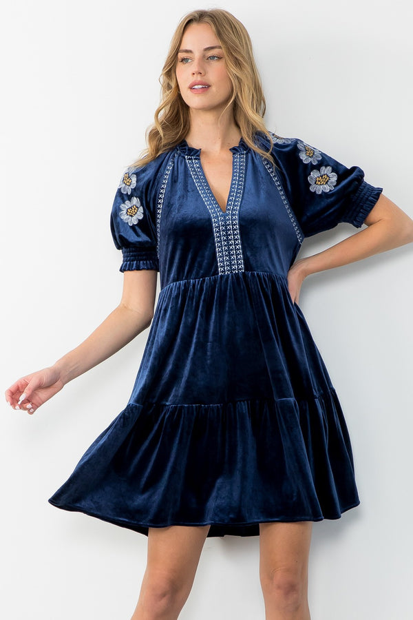 102772 Embroidered Velvet Dress-Navy