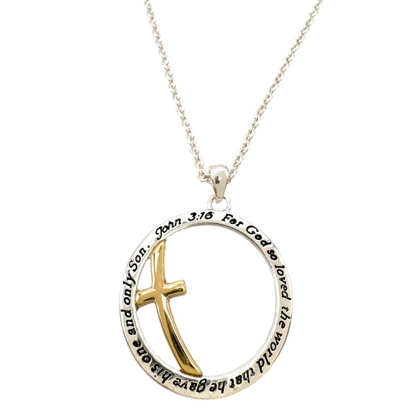 2501-208 John 3:16 Cross Circle Pendant Necklace: Gold