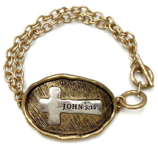 2501-212 Bible Prayer John 3:16 Cross Chain Toggle Clasp Bracelet: Gold