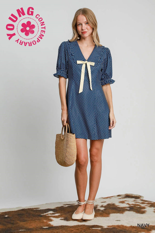 Navy Polka Dot V-Neck Mini Dress