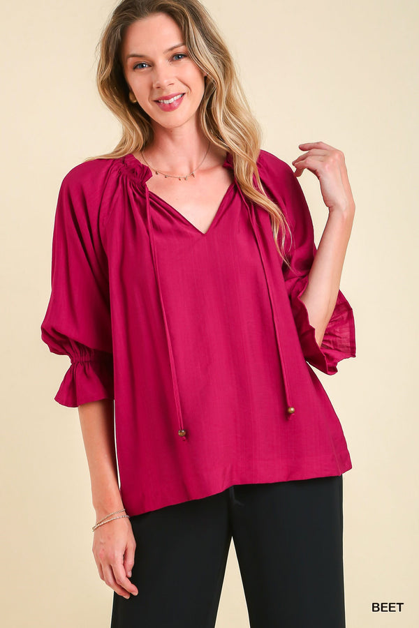 102703 Ruffle V-Neck Top-Beet