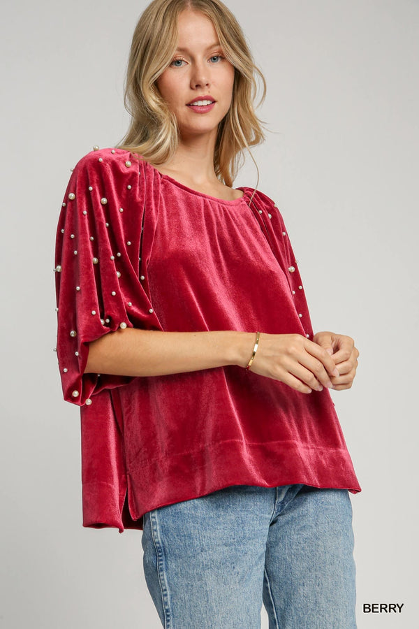 102706 Velvet Top W/Pearls-Berry