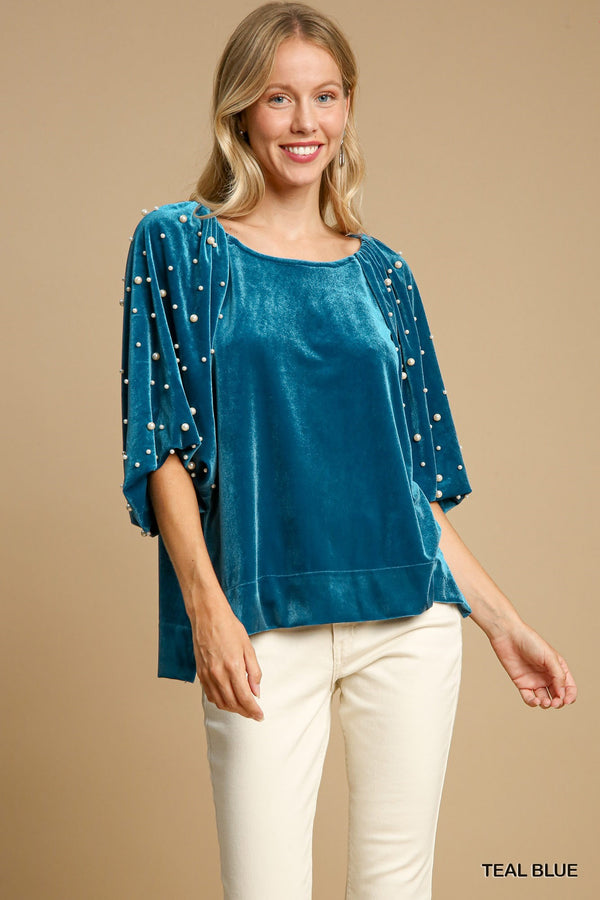 102708 Velvet Top w/Pearls-Teal