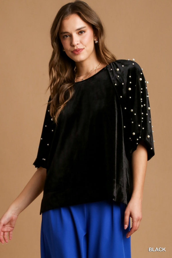 102707 Velvet Top w/Pearls-Black