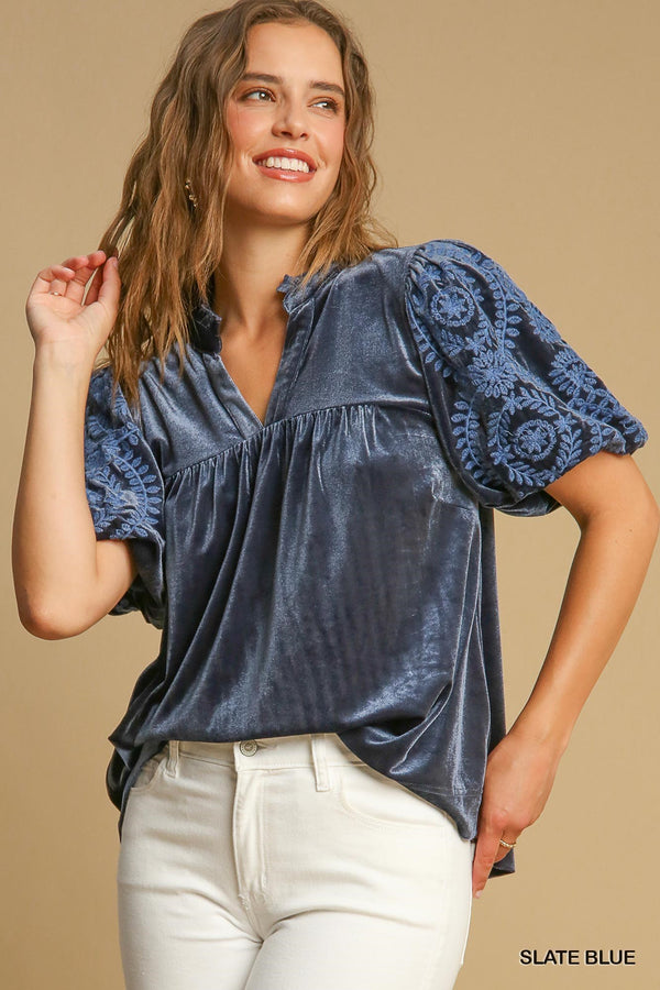 102584 Velvet Embroidered Sleeve Top - Slate Blue