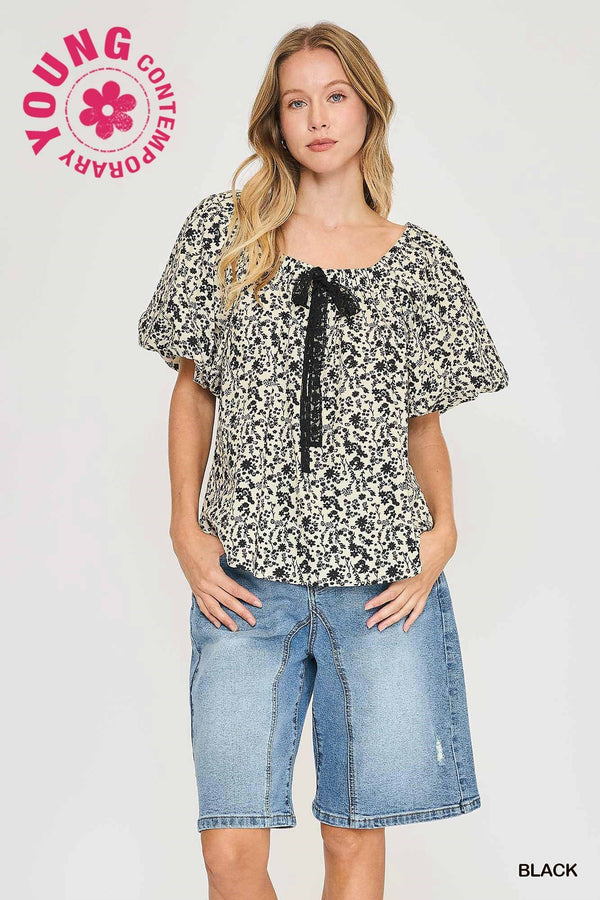 Floral Print Top w/ Lace Drawstring