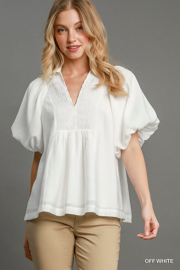 Off White-Bubble Sleeve Top With Front Yoke