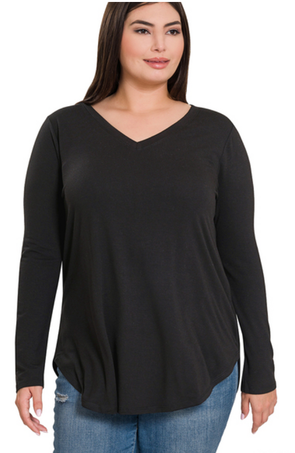 102647 Curvy V-Neck Round Hem Top-Black