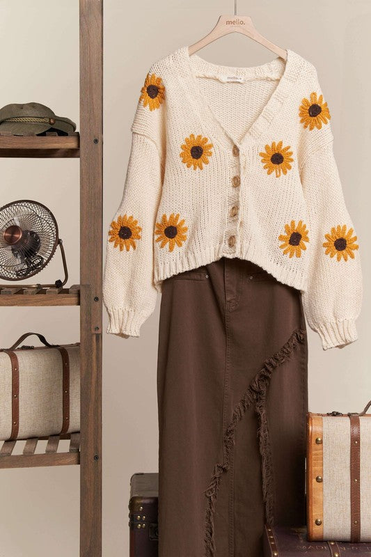 102575 Sunflower Embroidered V Neck Cardigan