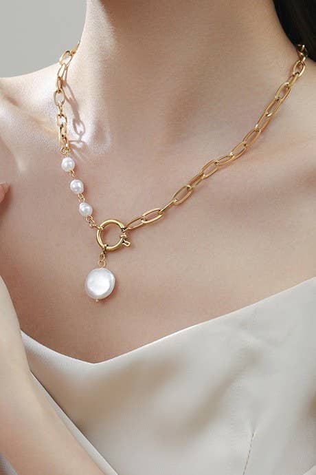 102891 Titanium Steel Pearl Necklace-Gold