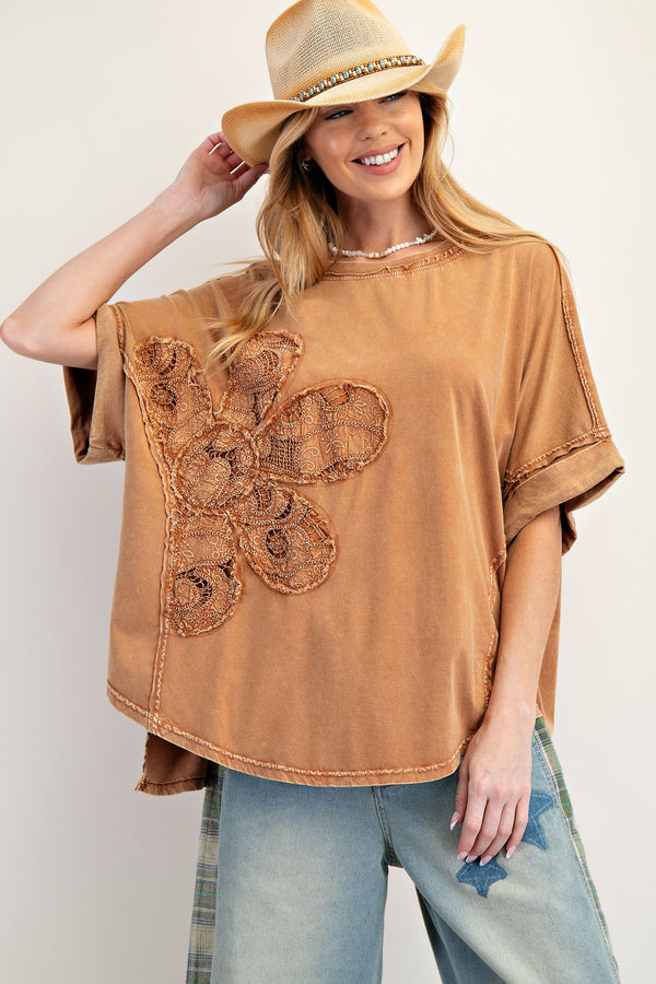 Lace Flower Patch Top-Almond